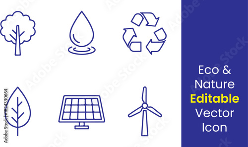  Eco and nature line icons, tree, water drop, recycle sign, leaf, solar panel, wind turbine, minimal thin outline, white background vector