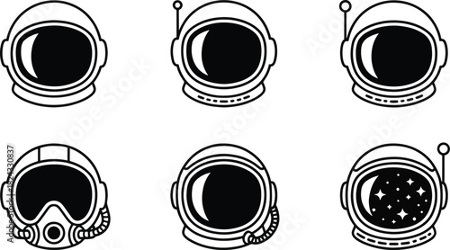 Astronaut Helmet and Space Exploration Outline Icons Set