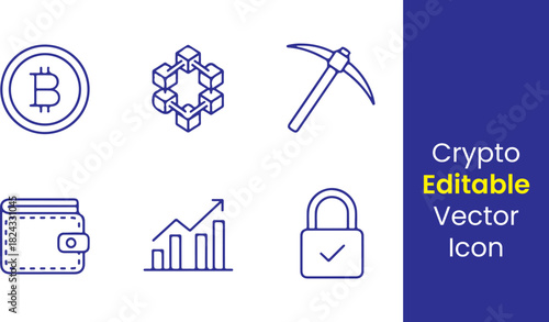  Crypto line icons, bitcoin symbol, blockchain chain, mining pickaxe, wallet, chart, secure lock, thin outline minimal style, white background.