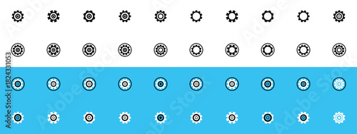Universal Settings Gear Cog Icon Set Outline, Solid, and Duo tone Styles Vector Illustration.