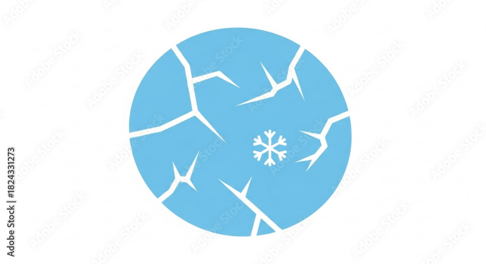 Fototapeta premium Blue circle icon representing cracked ice or frozen surface with a small white snowflake symbol in the center