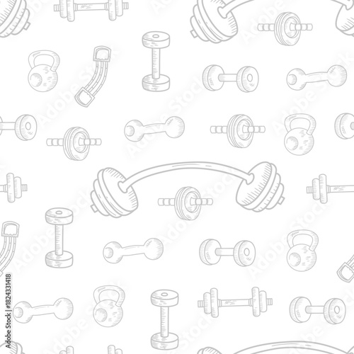 Sport, fitness pattern background. Fitness and gym doodle hand drawn pattern. Doodle gym seamless pattern background. Hand drawn gym.