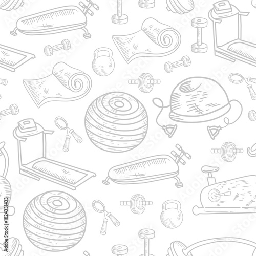 Sport, fitness pattern background. Fitness and gym doodle hand drawn pattern. Doodle gym seamless pattern background. Hand drawn gym.