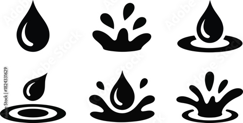 Water Drop, Splash, and Liquid Solid Icons Set