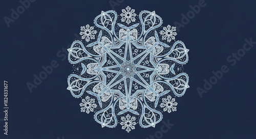 Intricate, highly detailed, symmetrical, light blue and white snowflake design with crystalline structure against a dark navy blue background