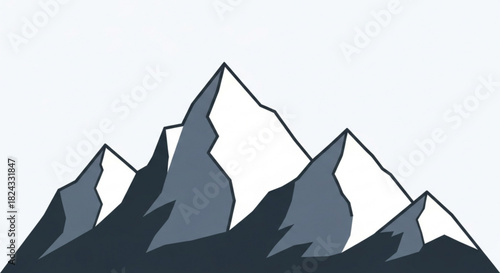 Minimalist vector illustration of a jagged mountain range silhouette with snowcapped peaks against a light background, perfect for adventure themes