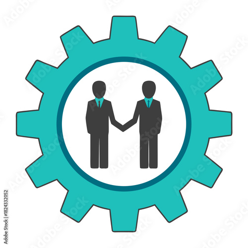 Collaboration in motion: A symbol of unity and partnership as two figures shake hands, representing the power of teamwork within the gears of progress.