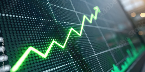 Upward green arrow on stock market graph shows finance growth bullish investment for seo and search engine optimization success for business with positive results