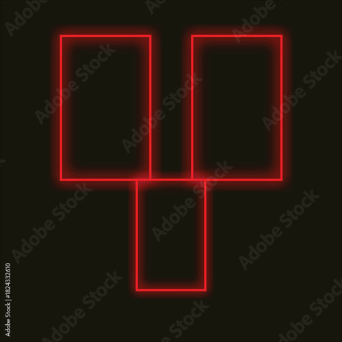 Red neon three square frame on a black