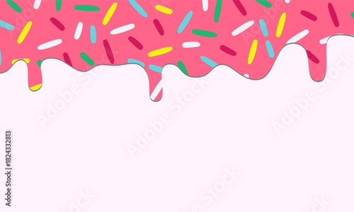Pink Dripping Donut Glaze Background with Colorful Sprinkles. Dessert Topping Vector Illustration. Sweet Candy Glaze Drip Pattern is perfect for bakery branding, candy packaging, and party invitations