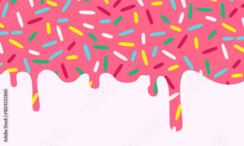 Pink Dripping Frosting with Colorful Sprinkles. Strawberry Pink Melting Drip Icing with Candy Sprinkles. Donut Icing Melted Cream perfect for dessert packaging, bakery branding, donut-themed designs