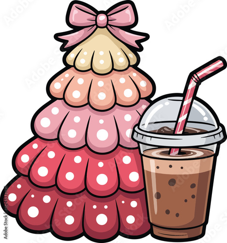 Kawaii Pink Christmas Tree with Bow and Iced Coffee – Cute Holiday Vector
