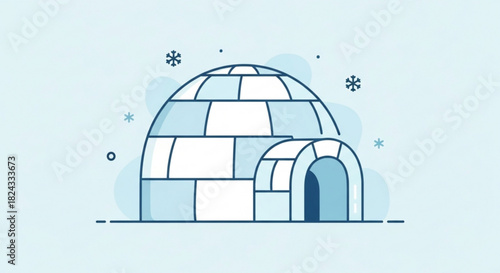 Simple line art illustration of an igloo structure made of snow block in a cold winter environment with falling snowflakes