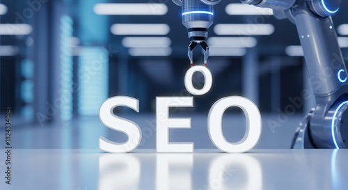 Robot arm using automation technology for seo optimization key digital marketing strategy. This innovative approach to search engine process represents future of web ranking