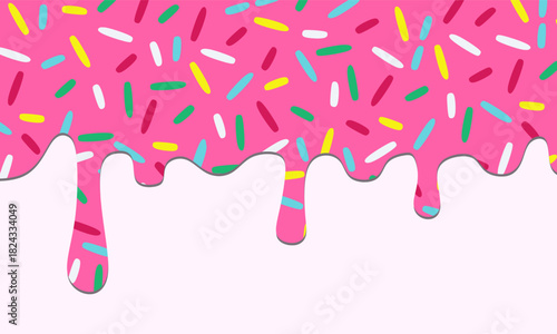 Pink Dripping Frosting with Colorful Sprinkles. Strawberry Pink Melting Drip Icing with Candy Sprinkles. Donut Icing Melted Cream perfect for dessert packaging, bakery branding, donut-themed designs
