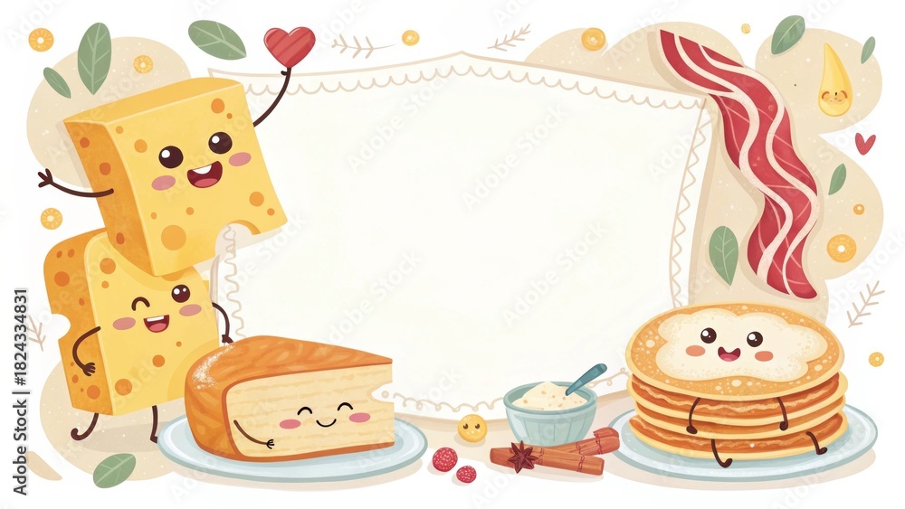 Fototapeta premium Happy food family border smiling cheese, bacon, pancakes, playful style
