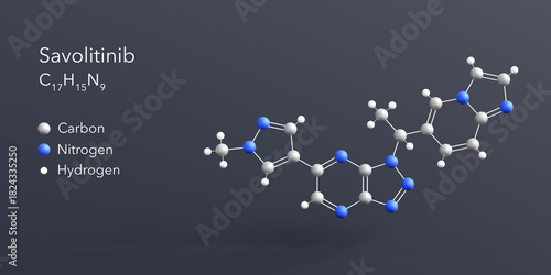 Fototapeta Naklejka Na Ścianę i Meble -  savolitinib molecule 3d rendering, flat molecular structure with chemical formula and atoms color coding