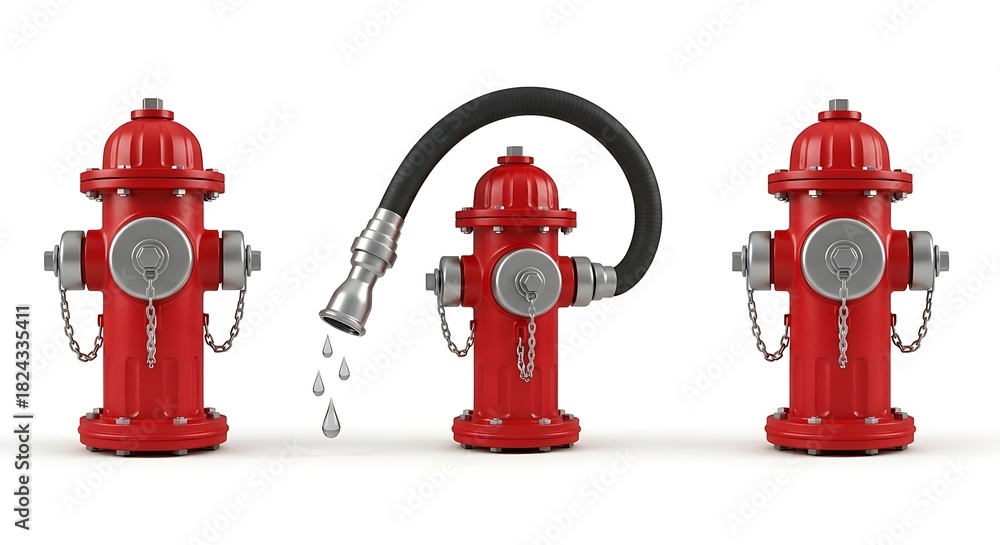 Fototapeta premium Three Bright Red Fire Hydrants Lined Up With The Center Unit Connected To A Black Hose And Silver Nozzle Dripping Crystal Clear Water Drops Isolated On A Pure White Background Showcasing Vit