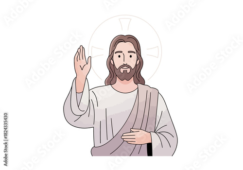 Cartoon Illustration of Jesus Christ with Raised Hand and Halo.