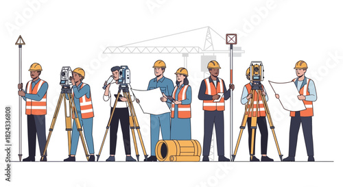 Diverse team of surveyors and engineers in hard hats using geodetic equipment and blueprints.