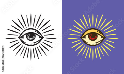 Radiant all-seeing eye with bold lines and sunburst rays in mystical illustrative style.