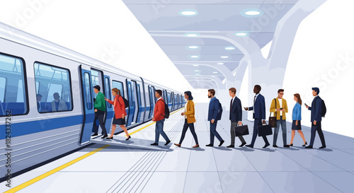 Diverse Commuters Boarding Subway Train at Modern Transportation Station.