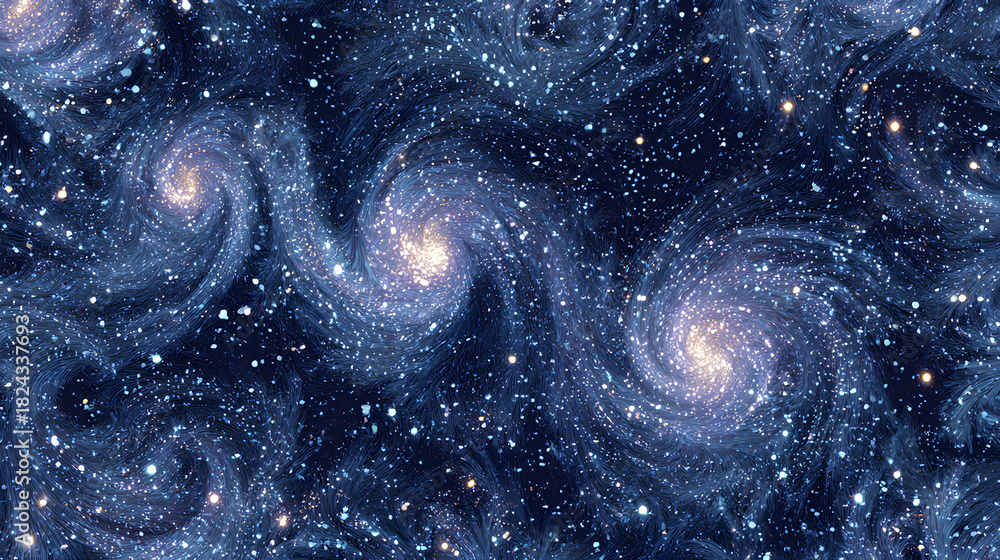 Fototapeta premium 青い光の渦銀河が連なる幻想的な宇宙パターン背景