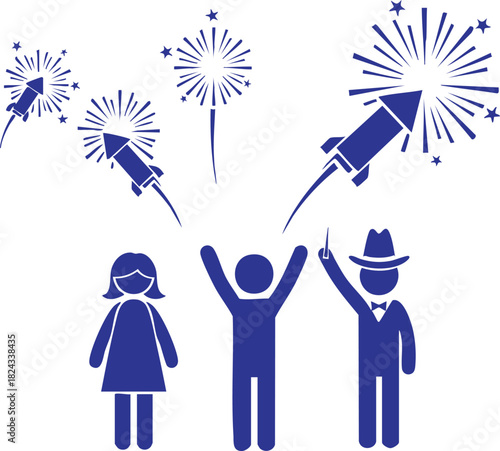 Celebration of national holiday with fireworks and stick figures enjoying the festive atmosphere cheerfully