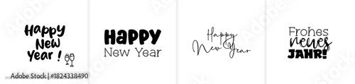 “‘Frohes neues Jahr’ & ‘Happy New Year’ in calligraphy / hand-lettered script; all letters individually selectable. Includes year numbers for free placement.”