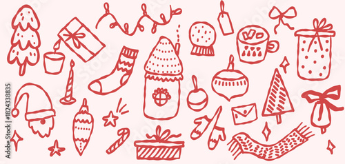 Whimsical hand-drawn Christmas doodle illustration with cute winter icons, sketchy festive patterns and playful vintage holiday charm