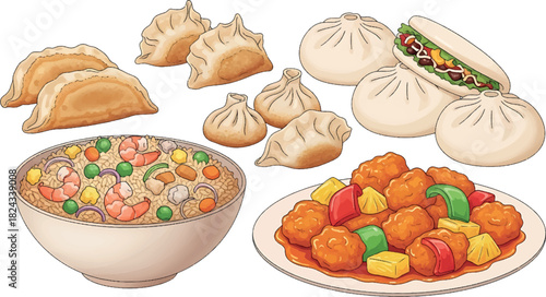 Delicious Chinese Cuisine Illustration Dumplings, Sweet and Sour Chicken, and More