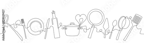 Horizontal illustration with Cooking Utensils in continuous line drawing style. Culinary isolated background. Vector design element.