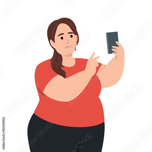 Sad Fat Woman Taking Selfie with Smartphone. Flat vector illustration isolated on white background