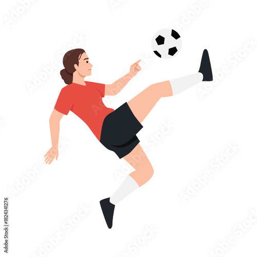 Female soccer player performing a dynamic kick with a football, showing athletic action. Flat vector illustration isolated on white background