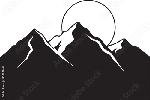 Mountain Peaks and Rising Sun Silhouette Vector Graphic Illustration Landscape