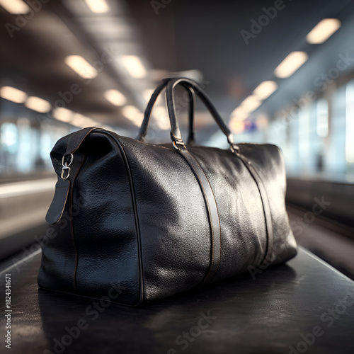 A stylish black leather duffel bag resting on a smooth surface, perfect for travel or everyday use, exuding elegance and functionality.