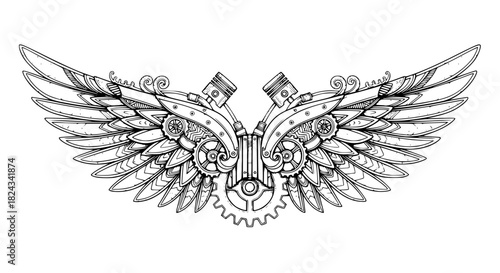 Mechanical steampunk wings, black and white vector, gears and metallic patterns, isolated, intricate linework