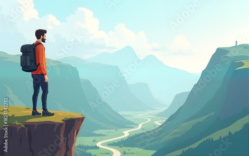 Man with backpack, traveller or explorer standing on top of mountain or cliff and looking on valley. Concept of discovery, exploration, hiking, adventure tourism and travel. Flat vector illustration.