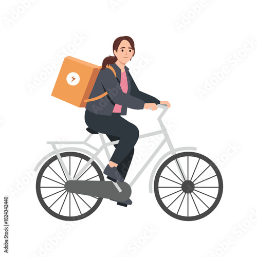 Female Delivery Courier Riding Bicycle. Flat vector illustration isolated on white background