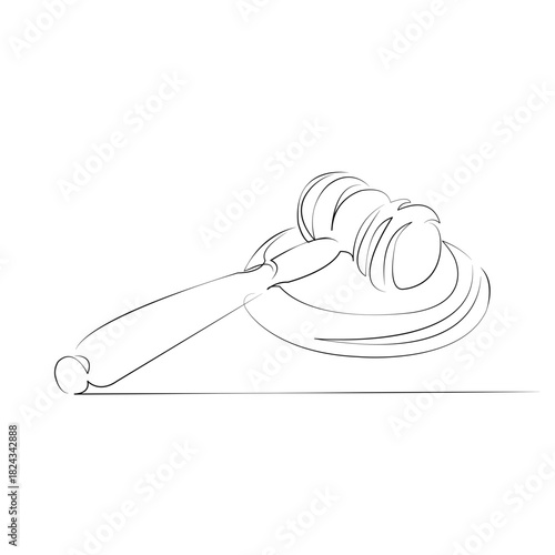 One continuous line drawing on white isolated background. Minimalism linear illustration. lawyer, gavel, judge, law, legal, court, justice, hammer, judgement, authority