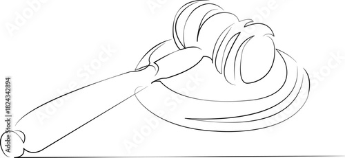 One continuous line drawing on white isolated background. Minimalism linear illustration. lawyer, gavel, judge, law, legal, court, justice, hammer, judgement, authority