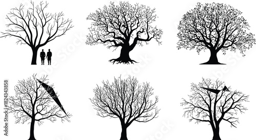 Black Silhouette of Majestic Bare Tree and Leafless Forest Set, Winter and Autumn Nature Symbol, Two People Standing Under a Large Tree Vector Illustration