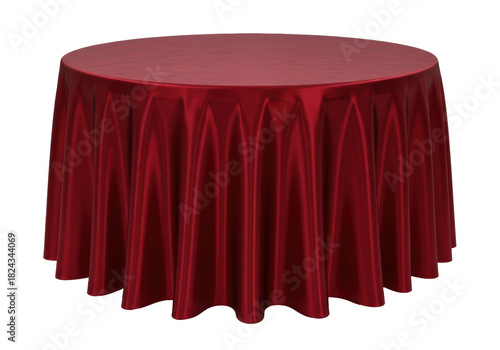 Obraz na płótnie Elegant round table with a red satin tablecloth isolated PNG, luxurious dining f