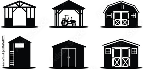 Black Silhouette Set of Farm Buildings and Sheds, Including Barn, Tractor Garage, Storage Hut, and Wooden House, Agricultural Architecture Vector Icon
