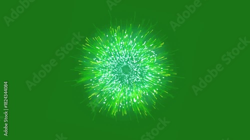 Footage of glowing fireworks explosions, against a green screen background.