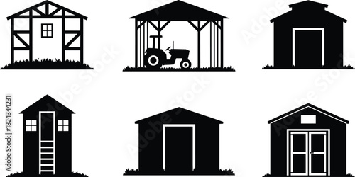 Black Silhouette Set of Farm Buildings and Sheds, Including Barn, Tractor Garage, Storage Hut, and Wooden House, Agricultural Architecture Vector Icon Collection