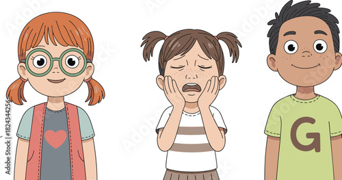 Cartoon Set of Diverse Children Portraits Showing Different Emotions, Happy Smiling Girl in Glasses, Scared Crying Girl, and Cheerful Boy Vector Illustration