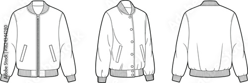 Bomber Jacket Technical Fashion Flat Illustration Set, Front View with Zipper, Snap Button Closure Option, Back View, Ribbed Hem and Cuffs, Vector Template