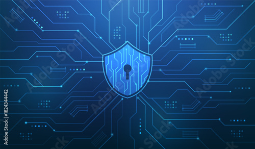 cyber security shield lock protection digital line circuit technology on blue background. vector technology concept.