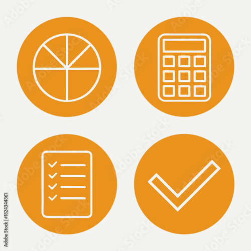 Data and Calculation Icons: A collection of essential icons illustrating data analysis, calculation tools, and task management, each encased within a vibrant orange circle.